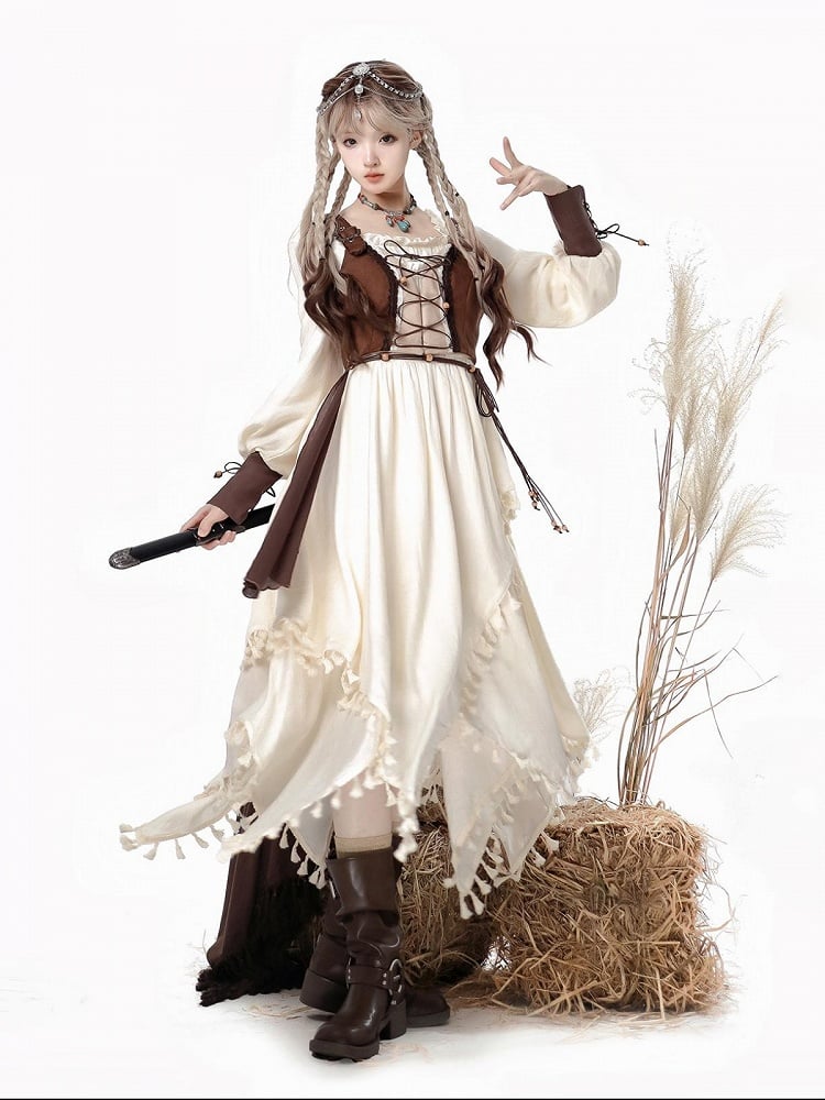 Lace-Up Corset and Lolita Dress Set with Tassel Cape - Han Ru Chu Hanfu & Han-Element Studi
