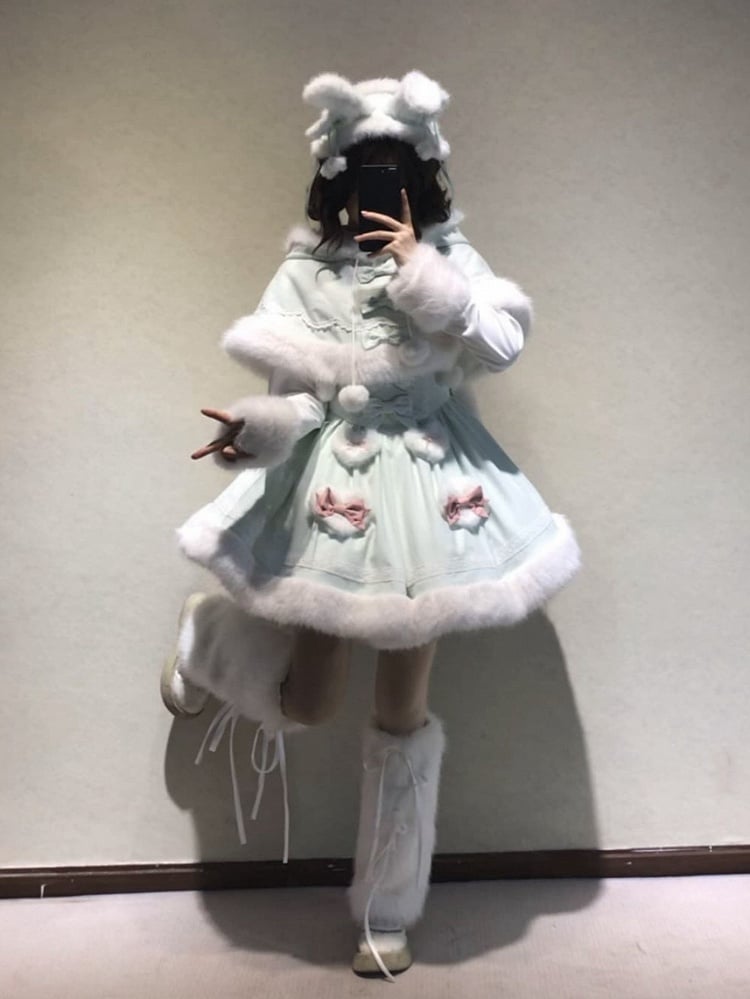 White Green Ears Mint Winter with Trimming Bunny Plush Hooded Cape