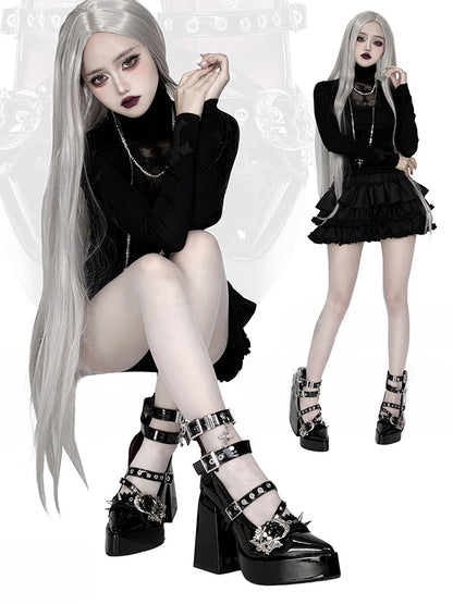 Gothic Polierte schwarze Kreuz-Herz-Schnallenriemen Nieten Plateau High Block Heels