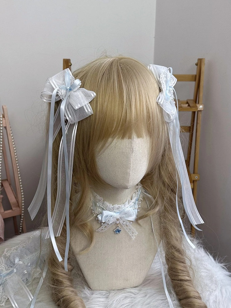 Light Hair (Pair) Layered Blue Clips White Bow