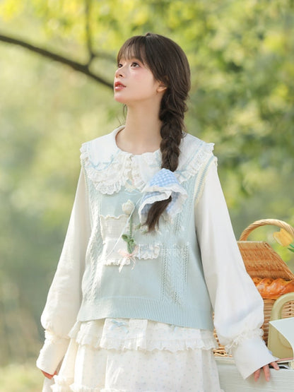 Yume Kawaii Floral Embellished Lace Patches Blue Knitted Vest