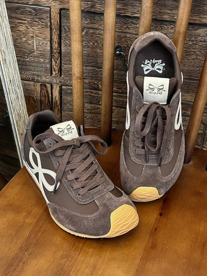 Design Bowknot Ties Front Lace-up Brown Sneakers