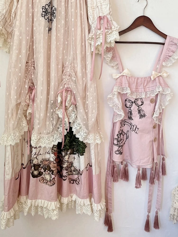タッセルロリータピンクの裾のスイートエプロン