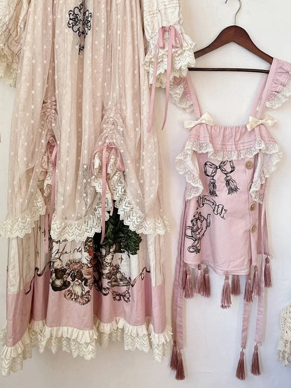 タッセルロリータピンクの裾のスイートエプロン