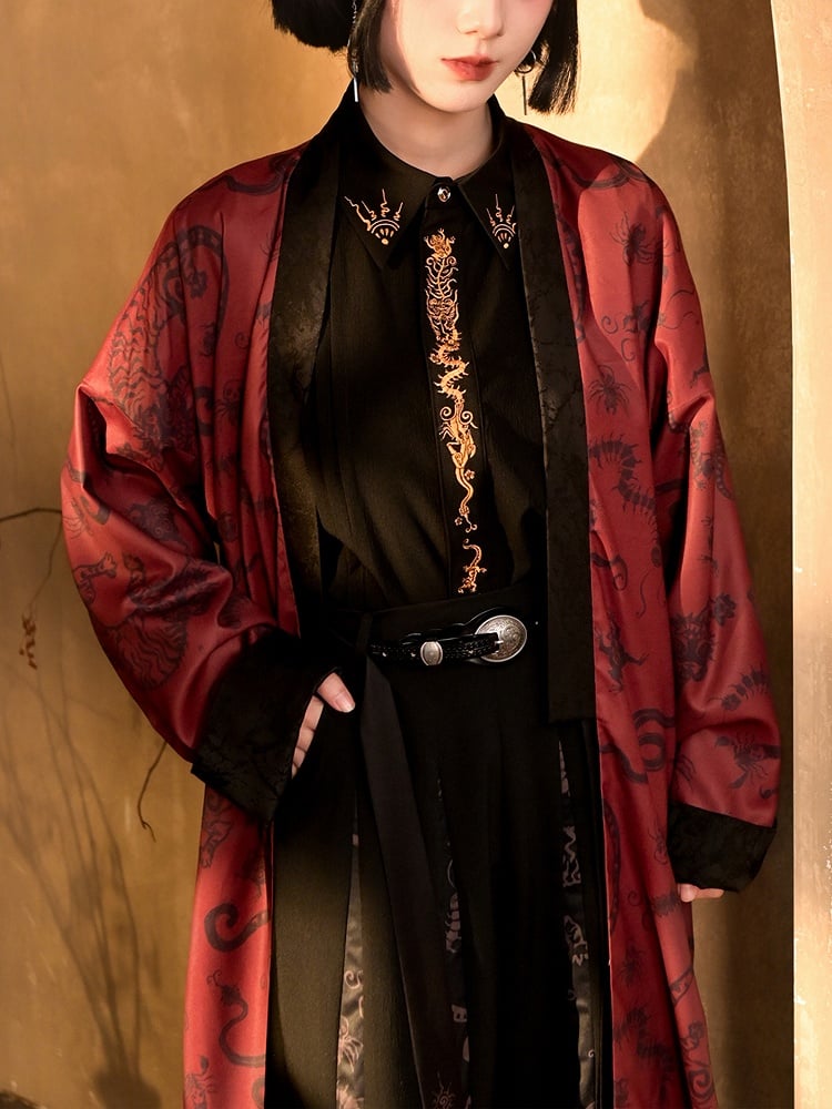 Gold Button Embroidery Black Placket Gothic Animal with Cheongsam Blouse