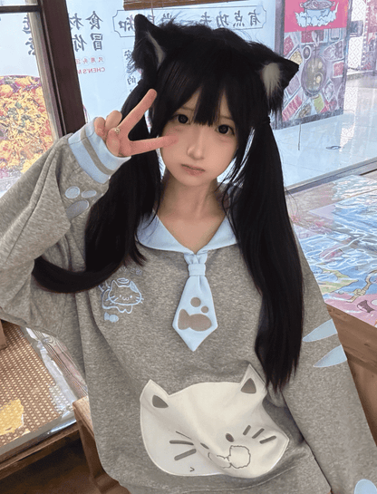 with Aesthetic Collar Girl Blue Soft Sweatshirt Cat-Ear Gray Embroidery Sailor Angel Kitten