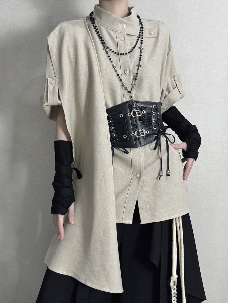 Straps Buckle with and Corset Khaki Belt Black Shirt Tab Sleeve Short-sleeve
