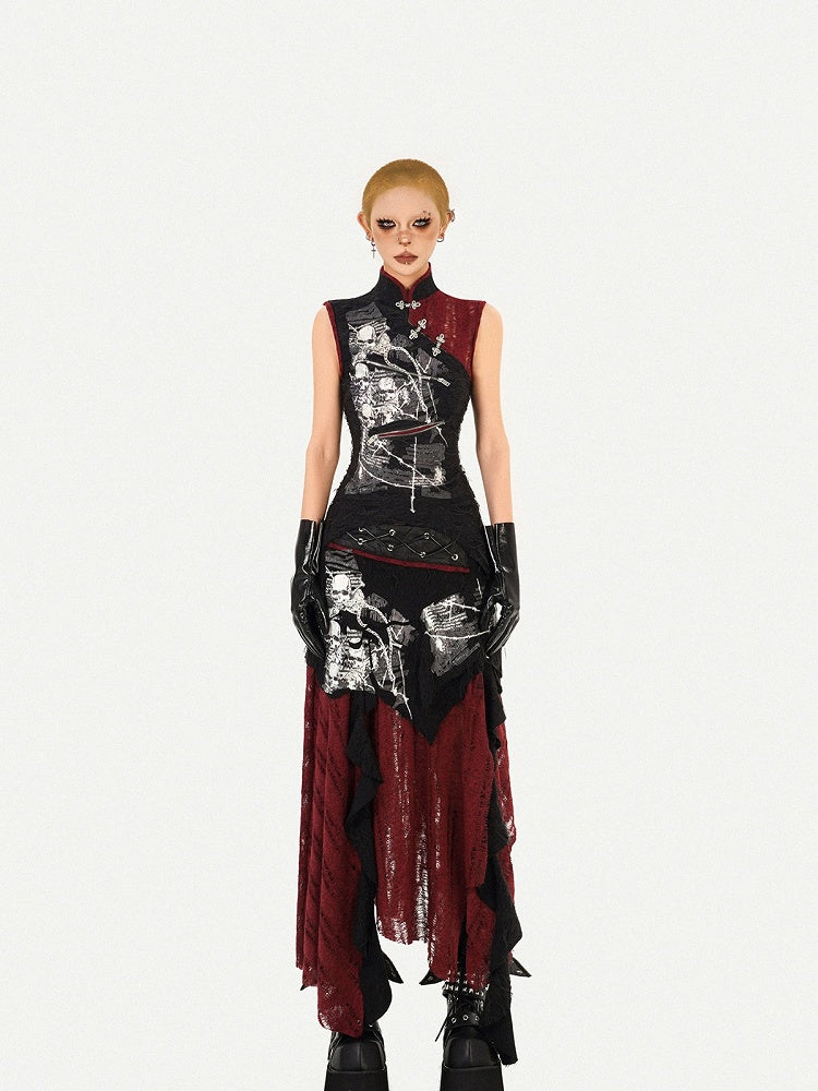 Black Chinese Style Banded Collar Sleeveless Top with Zipper Detail