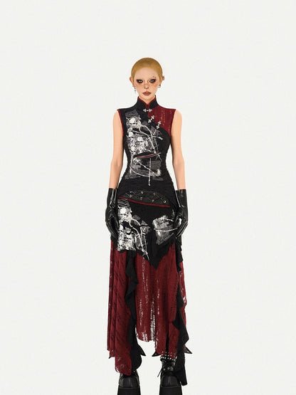 Black Chinese Style Banded Collar Sleeveless Top with Zipper Detail