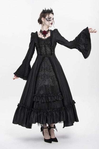 Black Long Sleeve Floral Embroidery Lace-Up Pleated Gothic Dress