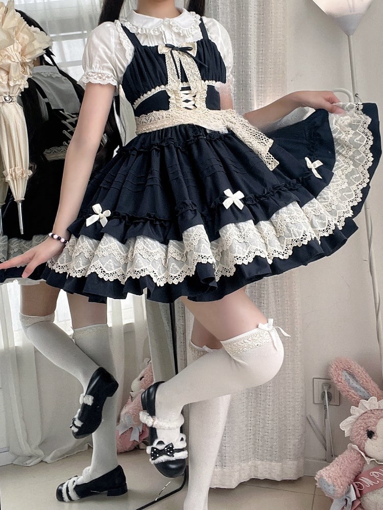 Summer Skirt Black Pleated Trim Jumper Ruffle and Lolita