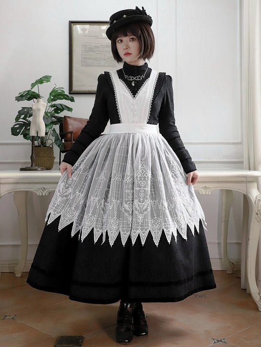 ホワイト/ブラック刺繍ディテールメイドロリータエプロン