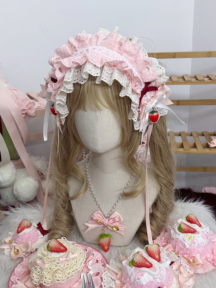 Hairband White Lace Lolita Sweet with Pink and Ruffled Charms Strawberry