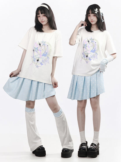 White Wide Round Neck Short Sleeve T-Shirt with Nebula Print - PINK SAVIOR