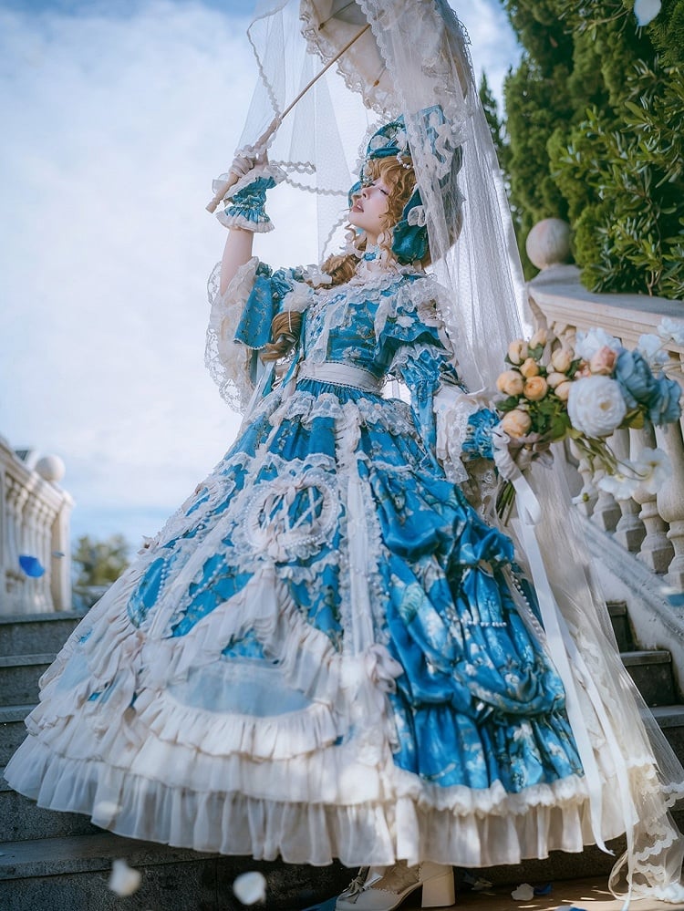 with Sleeves Sweetheart and Ruffle Layers Bell Applique Gorgeous Blue Gown Hime Lolita Beaded Lace