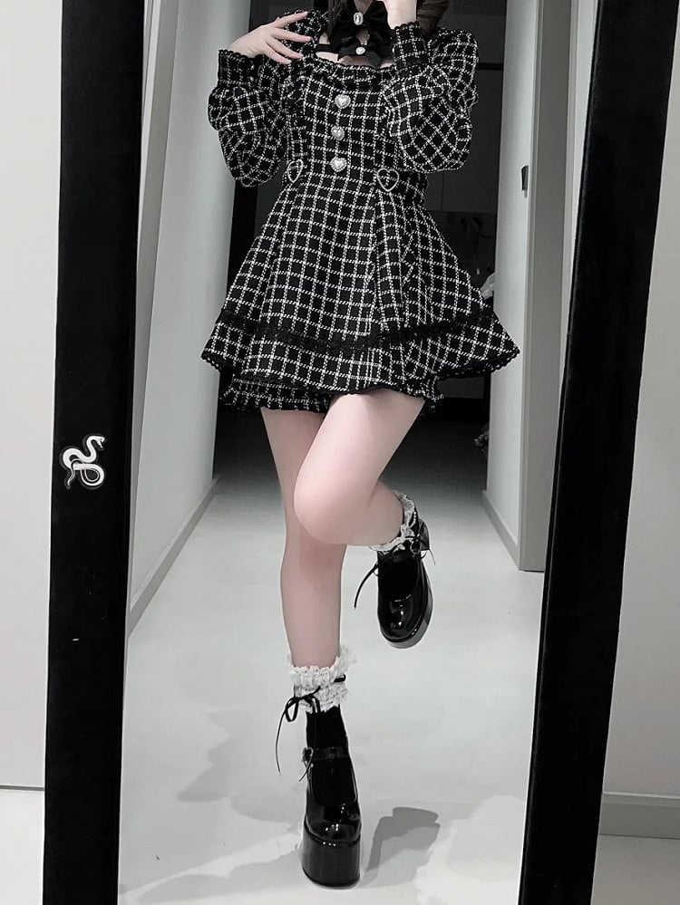 Black Mini Puffy Detachable Two-Piece Tweed Jirai Outfit: Dress Collar with Shorts Plaid Kei