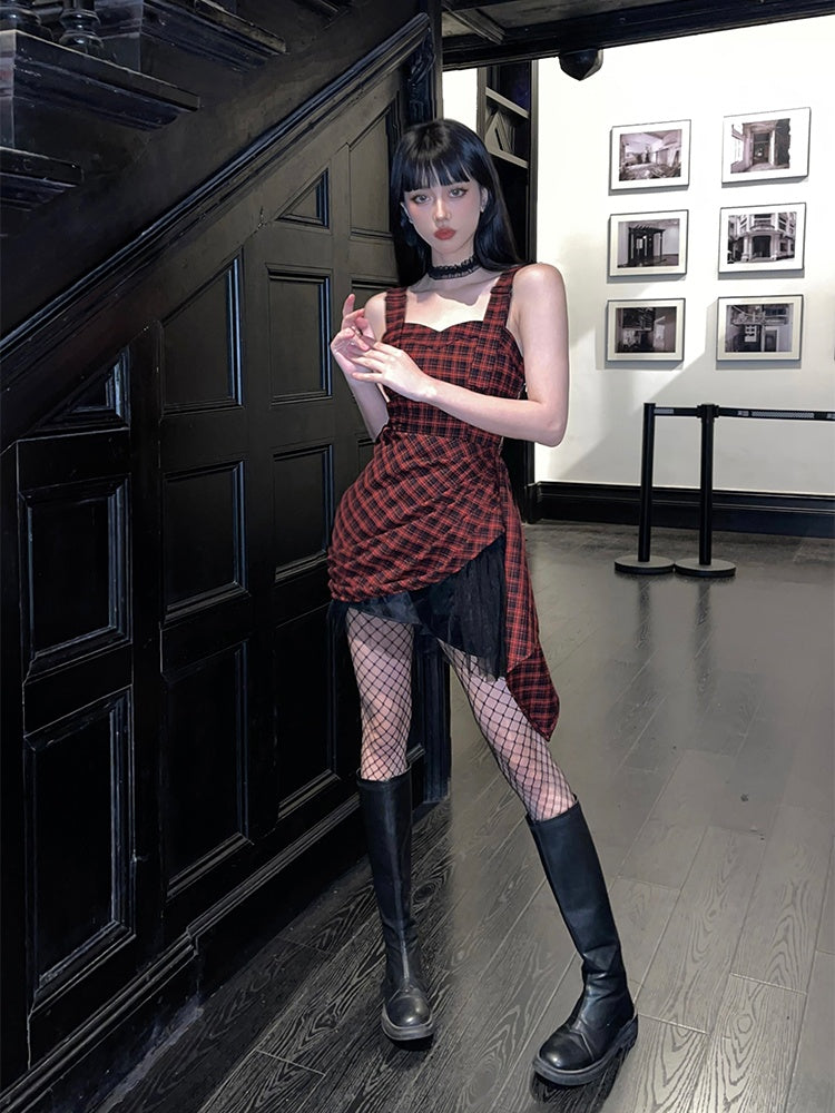 Red & Black Plaid Asymmetrical Hem Slim-fitting Sleeveless Dress