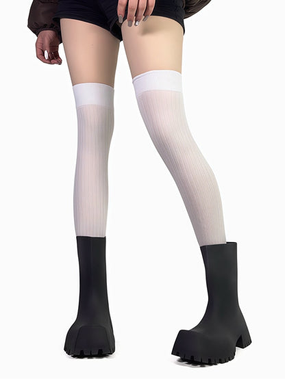 Weiß/Schwarz bedruckte Overknee-Strümpfe