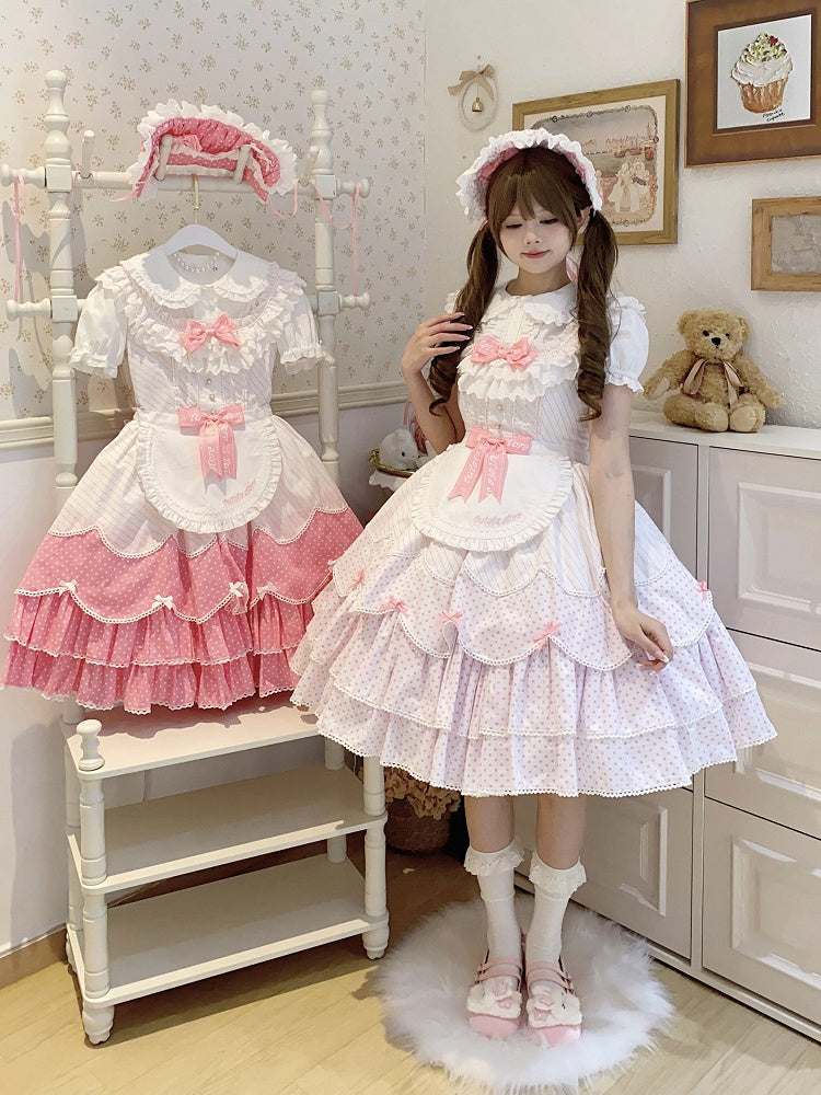 Lolita Jumper School White Pattern Pink Skirt Dress Polka Dots Old Stripes and