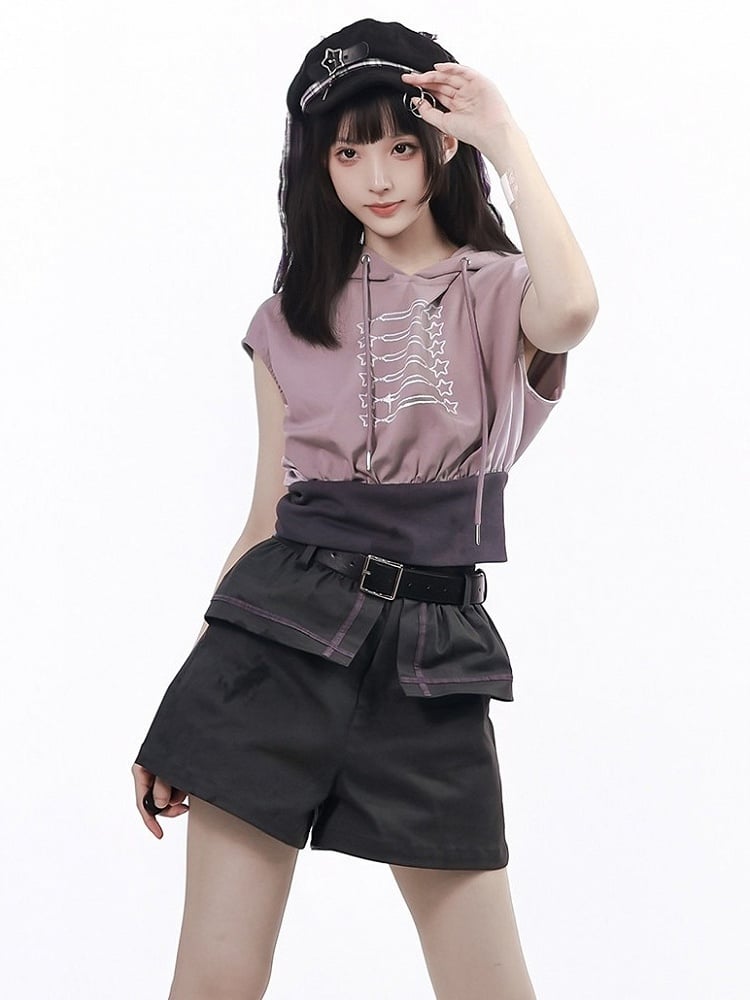 Dark Gray Shorts with Faux Layered Two-Piece Look - PINK SAVIOR