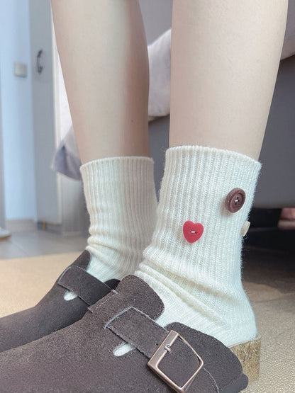 Milk White Sweet Button Decorated Calf Socks