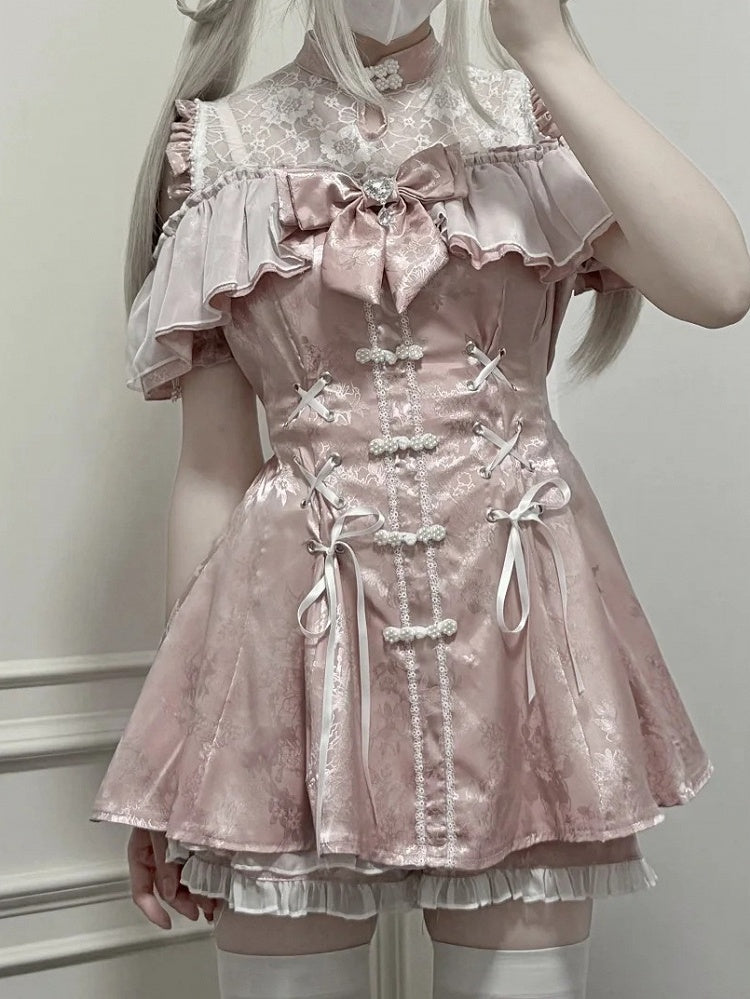 セット - ショートパンツ、蝶ネクタイネックライン、ベルスリーブ、イリュージョンチャイナドレス、ミニドレス、ダスティジライスタイル、ピンクケイ