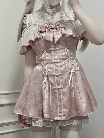 セット - ショートパンツ、蝶ネクタイネックライン、ベルスリーブ、イリュージョンチャイナドレス、ミニドレス、ダスティジライスタイル、ピンクケイ