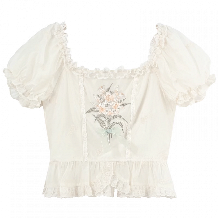 Beige Square Ruffled Blouse Trim Neckline Puff Sleeves Lily Embroidery Lace
