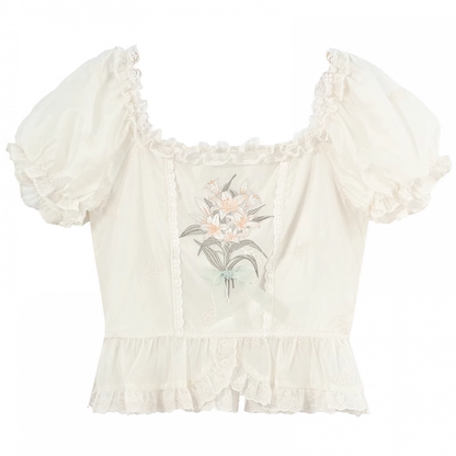 Beige Square Ruffled Blouse Trim Neckline Puff Sleeves Lily Embroidery Lace
