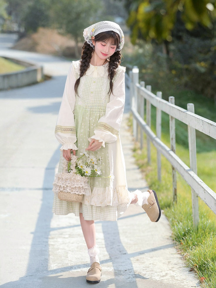 Light Sleeves	Tiered Mori Kei Green Plaid Flutter Skirt Sleeveless Dress