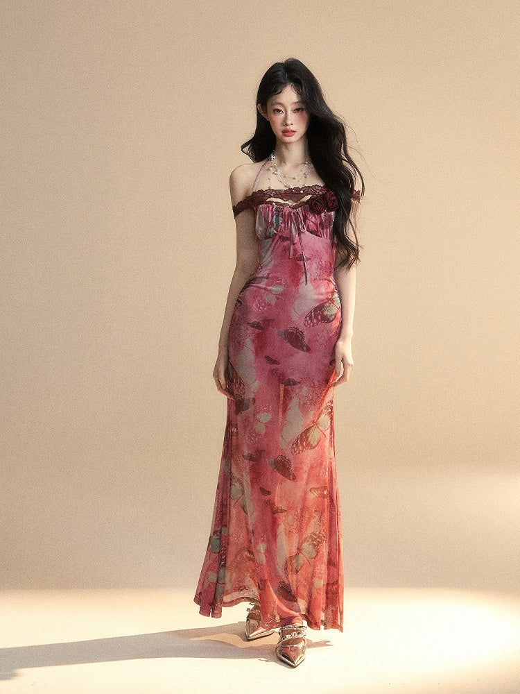 Dress Neck Accents Brick Long Red Halter Version Butterfly Print Backless Bodycon Rosette
