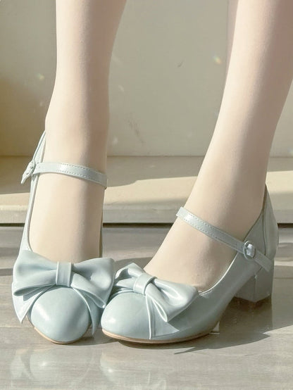 Blue Mid Block Heel Mary Janes in Classic Lolita with Bow at Top & Round Buckle