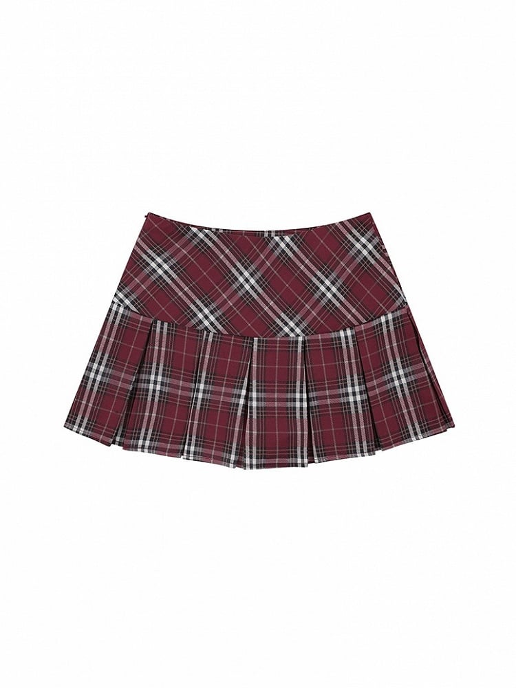 Red Zipper Pleats Preppy Skirt Side Mini Box Plaid Classic A-Line Style with