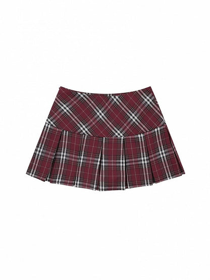 Red Zipper Pleats Preppy Skirt Side Mini Box Plaid Classic A-Line Style with