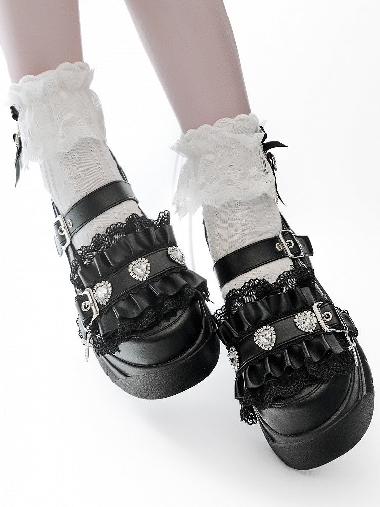 Bittersweet Heart Ruffles Black Details Rhinestone Cross Charm Trim Platforms