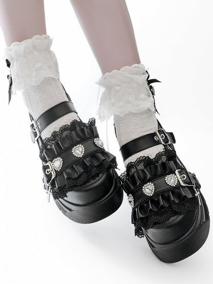Bittersweet Heart Ruffles Black Details Rhinestone Cross Charm Trim Platforms