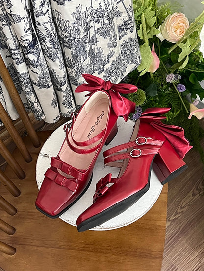 Square Lolita Block Buckles Heels Red Dual Elegant Bow High - Wine 6.5cm Toe Accents