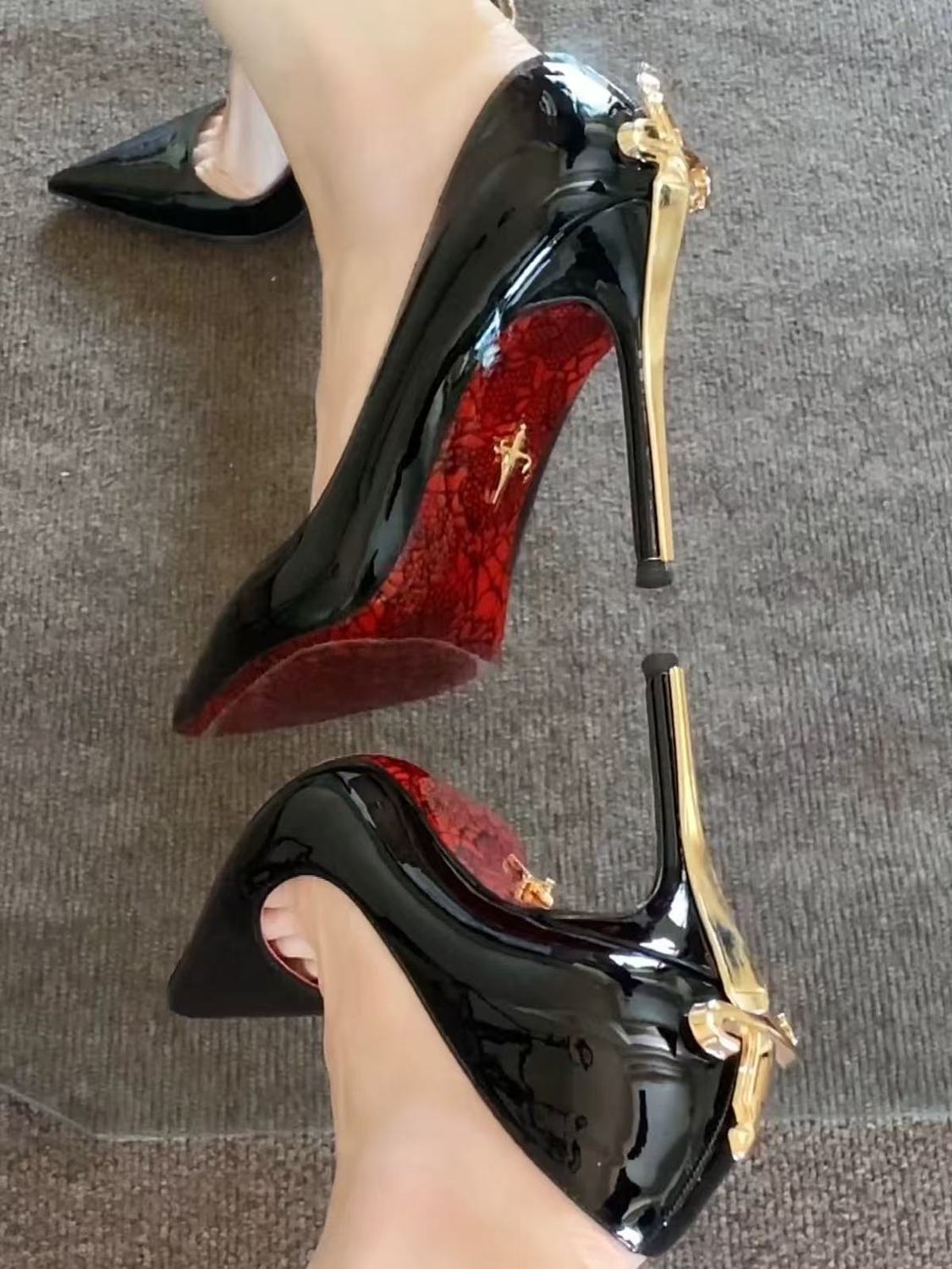 Gold Scepter 8cm Stiletto Heels – Patent Leather Pointed Toe Wide Size Pumps | LilyVow