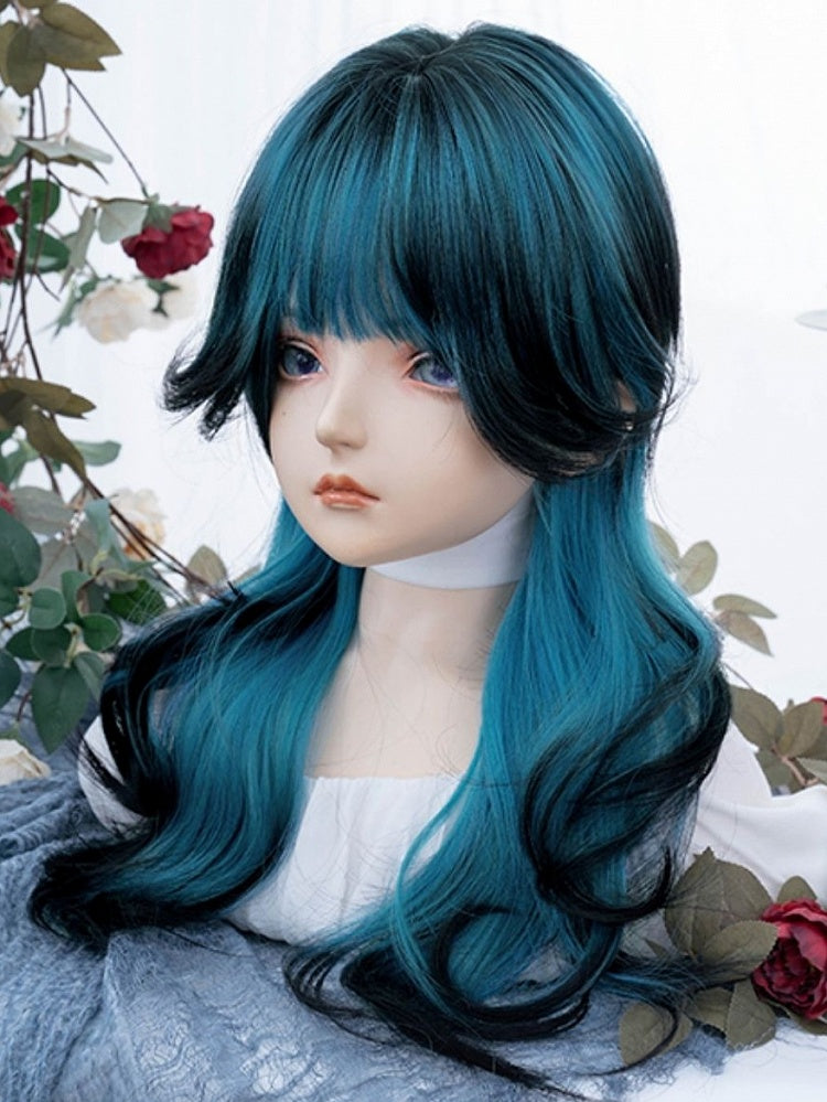 Blue-black Ombre Long Wavy Synthetic Wig With Bangs