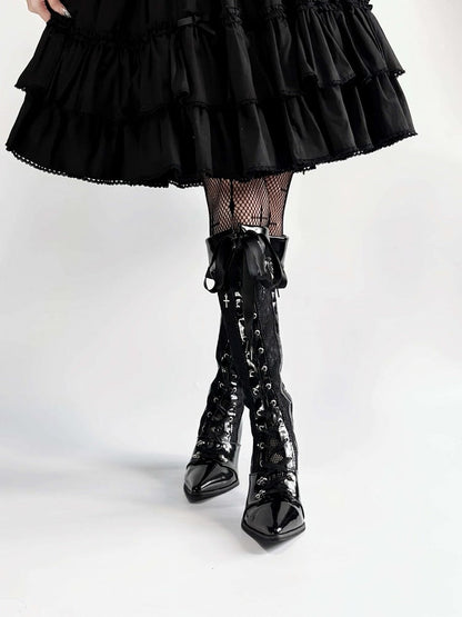 Gothic Lolita Embroidered Lace Witch Pointed Toe High Heel Boots - EvilStar