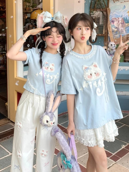 ロング/ショート ラウンドネック プラッシュバージョン ブルー Tシャツ 猫アップリケ