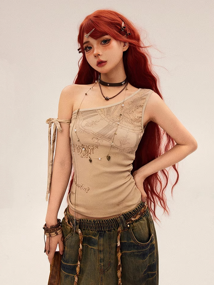 アプリコットグラフィティプリントヴィンテージウェイストランドパンクアシンメトリーネックライントップ