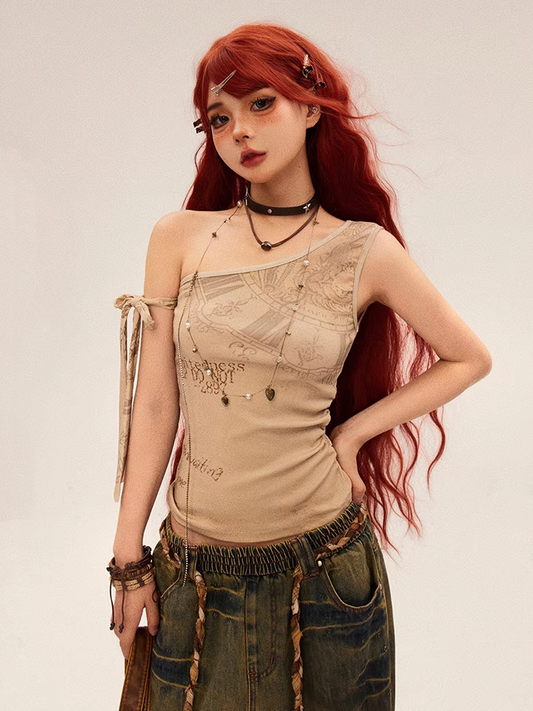 アプリコットグラフィティプリントヴィンテージウェイストランドパンクアシンメトリーネックライントップ
