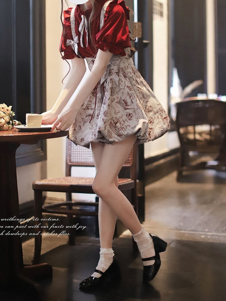 Wine Red Ruffle Neckline Blouse with Puff Sleeves and Pleating Details