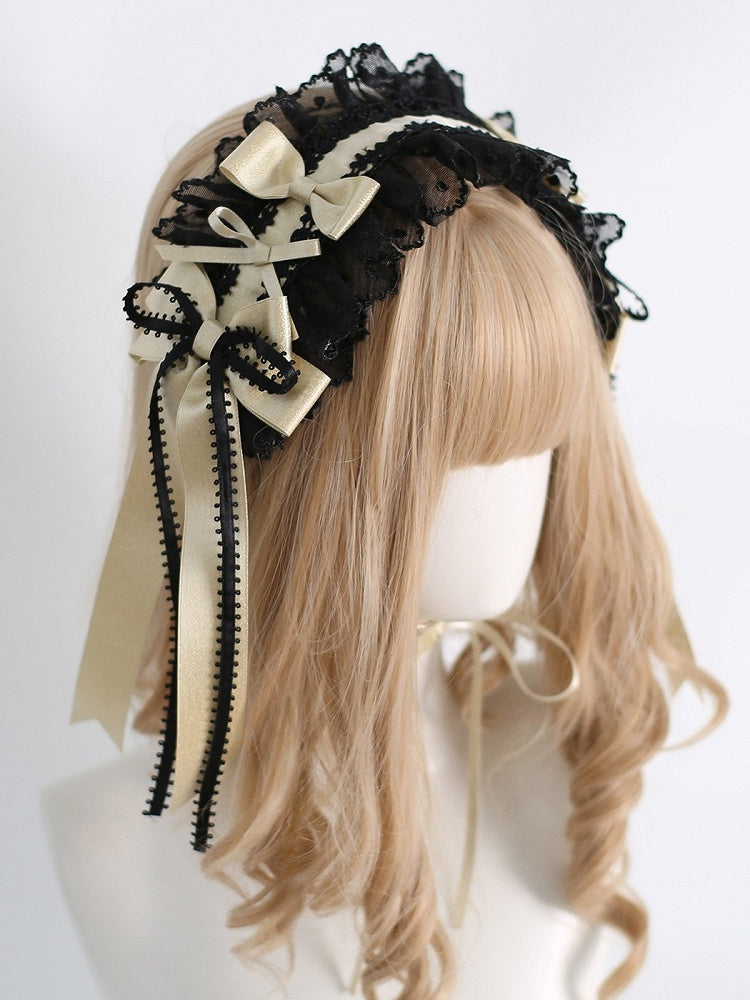 Details Ruffled Hairband Sweet Bowknot BlackGold Polka-dot Lolita Pattern