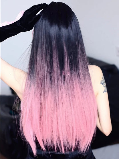 68cm 黒ウィッグ オンブル 長さ ストレートバング エアピンク