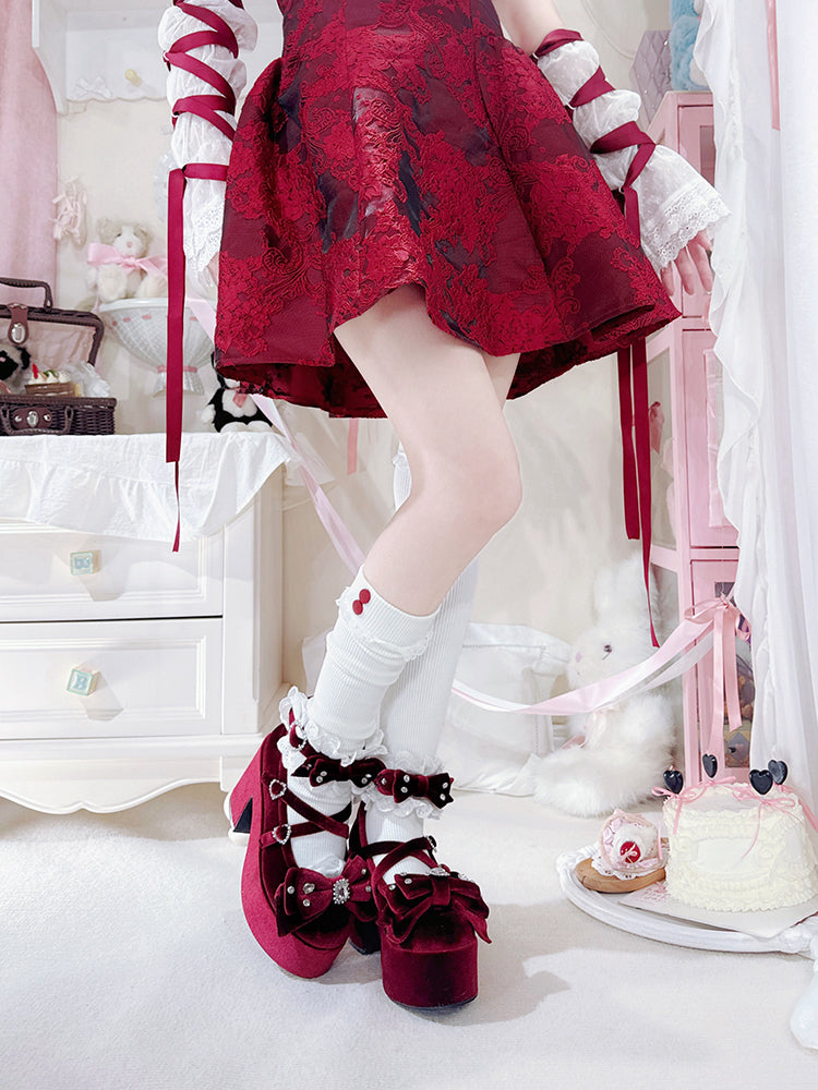 レッドジライジェーンズオールドメアリーワイン系ロリータボウベルベットハイヒールブロックアクセントスクール