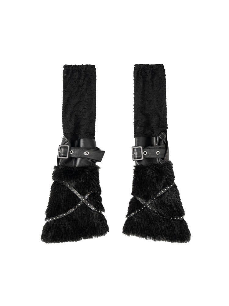 Riemen Kunstpelz Punk Rock Beinlinge mit Nieten PU Schwarz