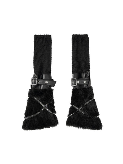 Riemen Kunstpelz Punk Rock Beinlinge mit Nieten PU Schwarz