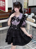 Set Schnür-Overall Rock Jirai Taille Kei Lila Peter Pan Kragen Bluse mit Schwarz